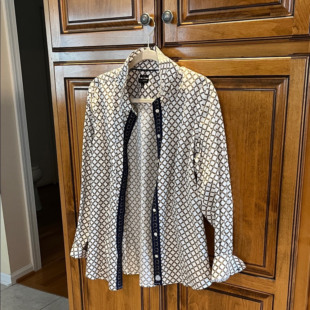 Talbots White Blouse with Gold and navyChain Pattern worn once!